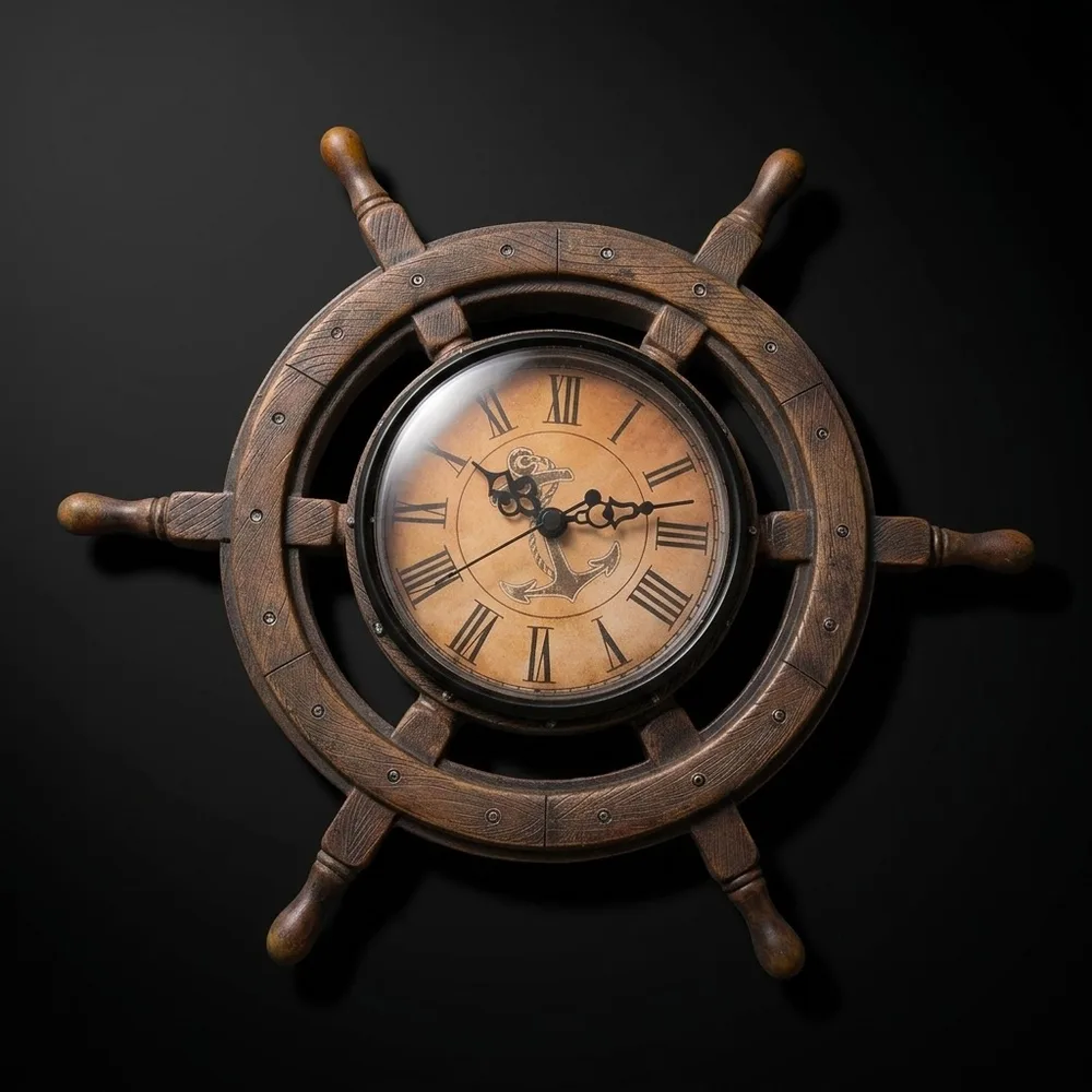 Cast Resin Ship Wheel Wall Clock Roman Numerals