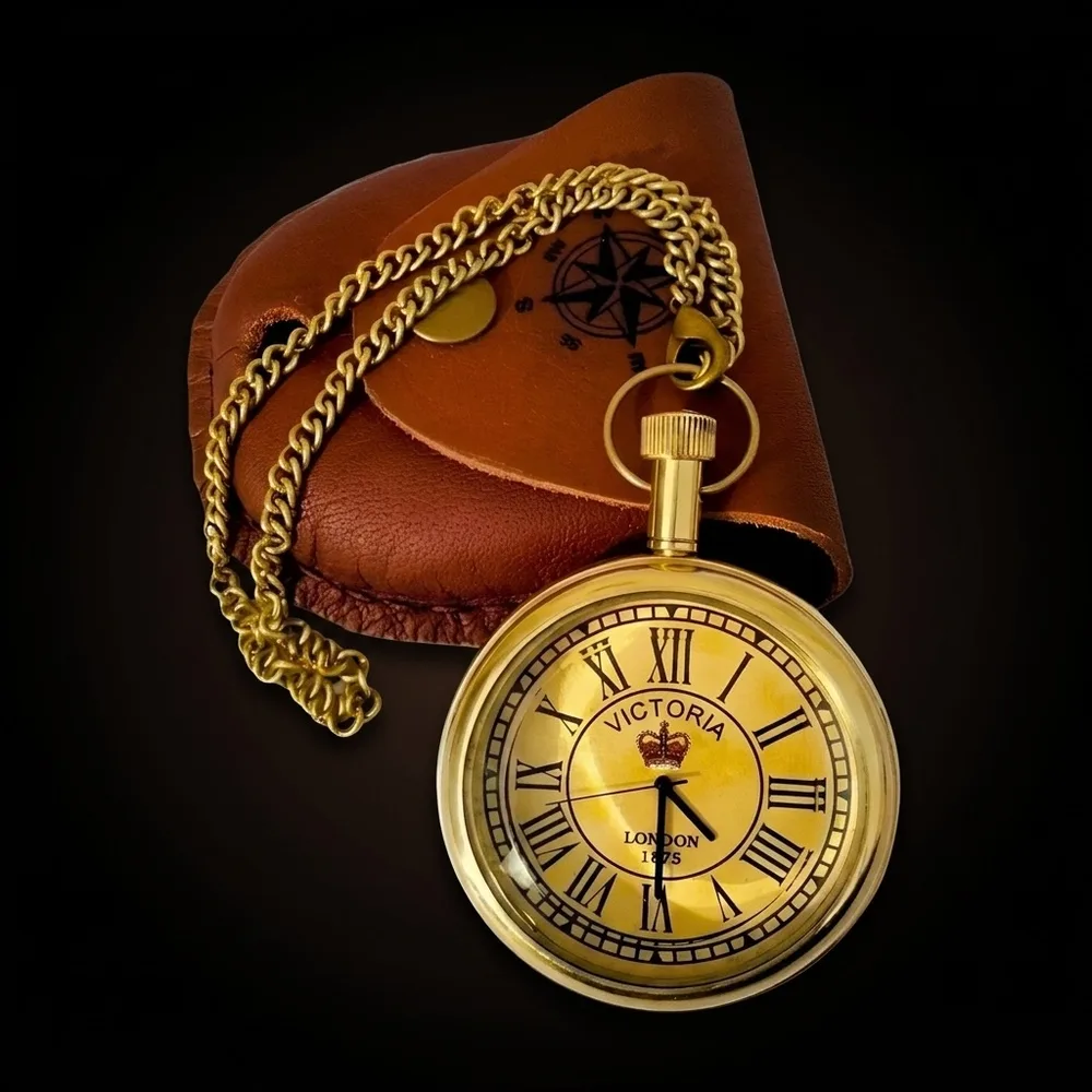Brass Pocket Watch — Leather Case