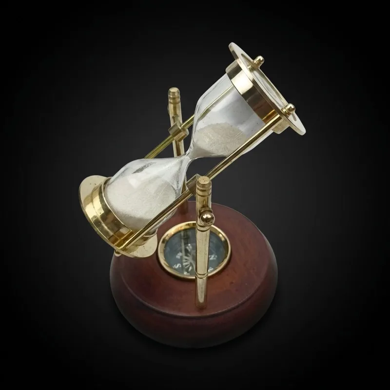Rotating Brass Hourglass with Wooden Base and Compass, 2-Minute, White Sand