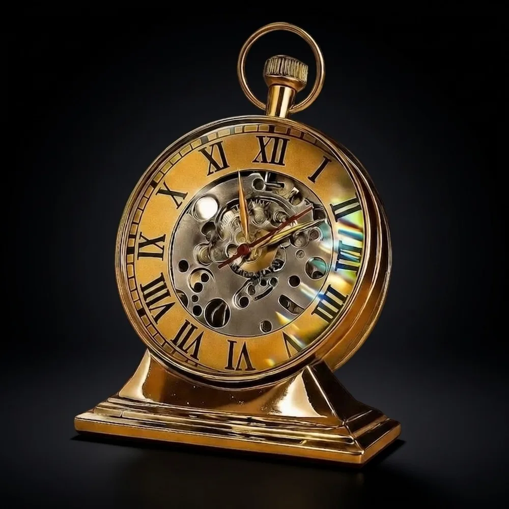 Vintage Brass Desk Clock with Round Glass