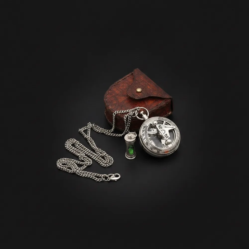 Brass Sundial Compass Pendant with Red Leather Case